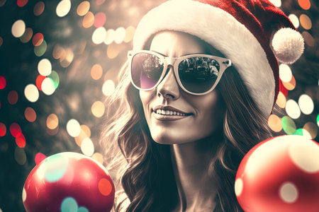 Young Caucasian woman holding and admiring glass ball decorations while wearing sunglasses and a santa hatの素材