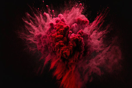 eruption of abstract red powder against a dark background. Abstract black background with crimson powder splatters. Explosion of crimson powder in slow motionの素材
