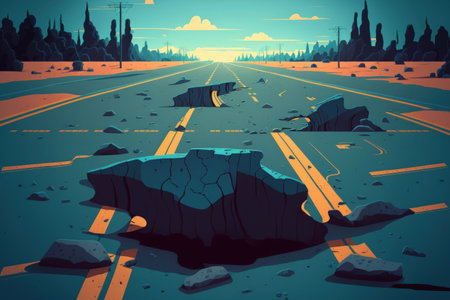 Ukraine damaged road blacktop with potholes and cracks in it. terrible tarmac road with numerous holes. terrible technology for building roads. numerous risky mistakesの素材