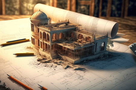 Working on building designs and blueprints is a professional architect. Building engineers do calculations and write civil engineering building construction drawings and construction industry ideasの素材
