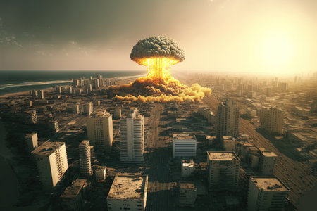 aerial image of a large tactical nuclear detonation above a city Drone footage of an atom dirty bomb detonation above Tel Avivの素材
