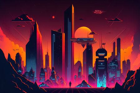 a cyberpunk future city with skylines. Retrowave. neon signs. A illustration of a contemporary metropolis. urban dystopia wallpaper. Background landscapeの素材