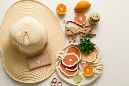 summery mood board. Top view of a flat lay of summer accessories including cut fruits a striped beach towel a straw sunhat a beach raffia and net bag and natural shoes on a white backdropの素材