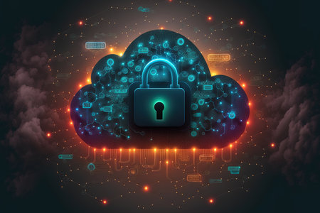 abstract cloud computing network and digital security concept with glowing computer network and lock icons on a gray backdropの素材