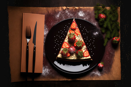 a top view In an oval platter exquisite strawberry and chocolate cheesecake. a notepad and a Christmas tree on a dark empty backgroundの素材