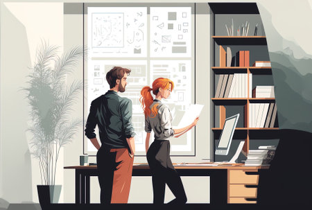 a young couple is working with an interior designer. In a contemporary workplace a charming family and a skilled designer or architect debate future interior concepts experiment with color schemesの素材