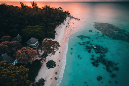 View of the beach and bay from above with a vivid sky and clouds and a cottage above the ocean. Drone view of the tropical sea during meditation and relaxation. aerial background of an ocean and natの素材
