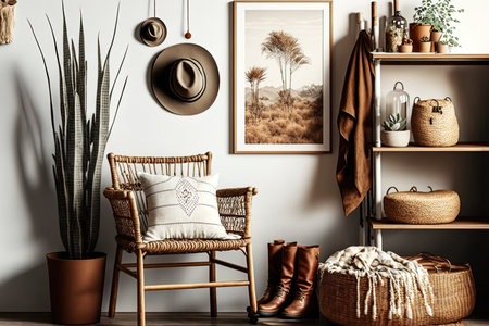 Stylish boho living room decor with a wooden shelf hanging rattan hut brown mock up poster frame and exquisite accessories. minimalist design idea for the home. Templateの素材