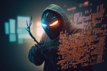 a programmer Hacker attacking server code with a computer bug confidently pointing at double exposed text in a defocused neutral backgroundの素材