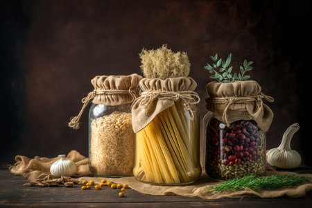 purchasing food with no waste. Produce in cotton sacks grains beans and pasta in glass jars together with herbs and spices on a wooden backdrop. food that is clean eco friendly and free of plastの素材