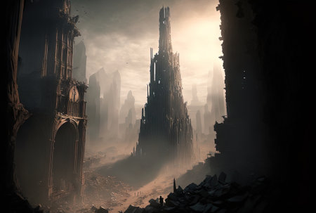 idea for the aftermath. City in ruins. Concept of fantasy. excellent backdrop. City of the end in the mist. The ruined city as seen from above. Apocalypse notionの素材