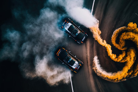 Two race cars competing in a drift war in this aerial top view shot on an asphalt race track. There is a lot of smoke from the burning tiresの素材