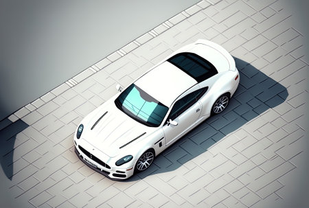 a focus on the details. Aerial view of a white contemporary luxury automobile that is parked inside during the dayの素材