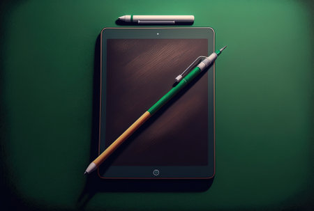 over a dark green backdrop a close up of a digital tablet with a blank screen atop colored pencils clay a tube and a markerの素材