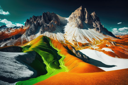 The green hills around Santa Magdalena were covered in fresh snow. Amazing panorama of Seceda Peak in the fall. Amazing scenery in the Italian Dolomites. An abstract background with a trip themeの素材