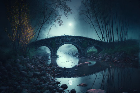 gloomy dream woodland Stones line the bank of a river in a woodland. Moonlight and a wooded scene at night. fog haze and smoke. River crossing bridge. A fantastical settingの素材