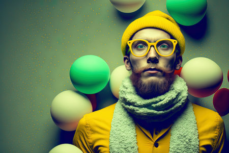 Young man standing over green wall with Christmas balls in his hands wearing a Santa hat yellow spectacles and a cozy scarf around his neckの素材