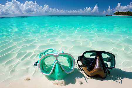 snorkeling equipment and diving masks on a pristine beach. vacations throughout the summer and leisure travelの素材