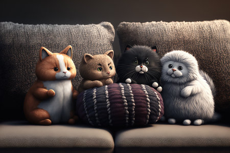 Four adorable pals play with cushions in a newly furnished studio area while dressed in cozy sweaters and black slacksの素材