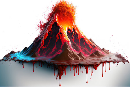 lava pouring down a mountain during a volcanic eruption isolated on a white backdrop ( science illustration)の素材