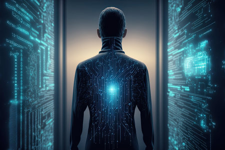 personal data and security of future technology concept with back view on anonymous person touching virtual digital screen wall with identification processの素材