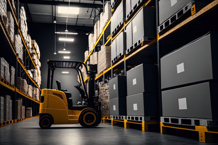forklifts for moving items in a commercial warehouse retail store inventory storage shelves in a warehouse industrial idea of a rack for keeping manufacturing materials like pallets and cartonsの素材