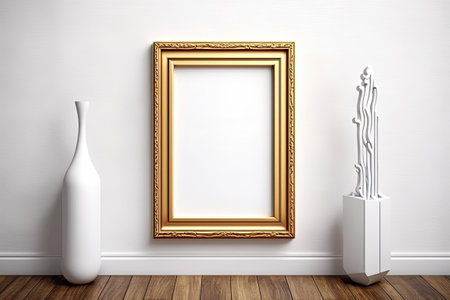 vertical wood frame mockup. White wall and wooden floor with gold-carved frame. Illustrations. Business designの素材