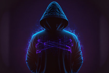 Back view of hacker in hoodie. Dangerous hooded hacker. Internet cyber crime cyber attack system breaking and malware concept. Anonymous. Dark background. Blue neon lightの素材
