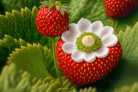 Close up of a white blossom with red strawberries in a strawberry field. Background of summer gardeningの素材