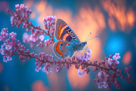 Beautiful blue butterfly in flight over branch of flowering apricot tree in spring at Sunrise on light blue and violet background macro. Amazing elegant artistic image nature in springの素材