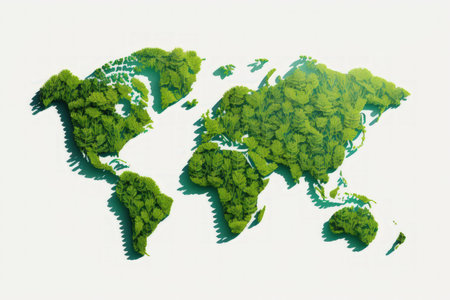 Green World Map Isolated tree or forest shape on a white background. Earth Day or Environment Day Concept World Map Green Planet. green planet and an electric vehicle. The Paris Agreement ideaの素材
