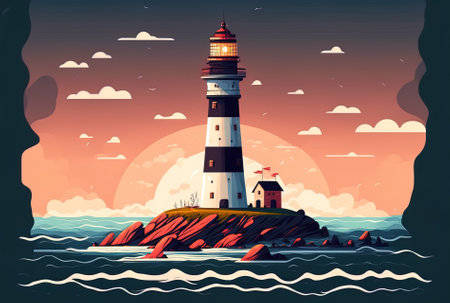 Illustration of a flat lighthouse on the coast. Lighthouse seascape and signal structure along the water. landscape of the coast with a beacon. Expectation hope and the idea of isolationの素材