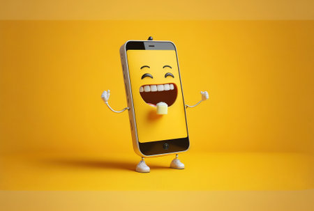 Character mascot with white teeth and a contemporary phone with a blank screen for your design on a yellow backdropの素材