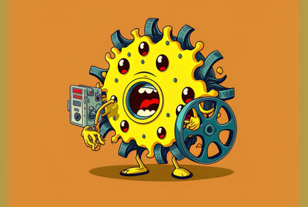 Cartoon Covid 19 virus mascot with a film reel and cinema tape is displayed against a yellow backdropの素材