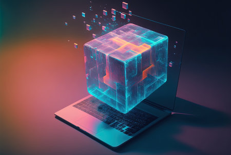 Double exposure of a close up of a laptop computer with an abstract cube hologram on a hazy background using metaverse software in the futureの素材