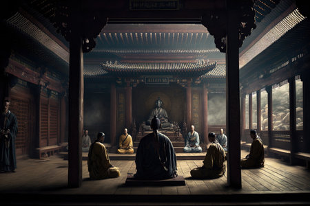 Buddhists are seen meditating and praying inside Bongeunsa Temple in Seoul South Korea on May 10 2014の素材