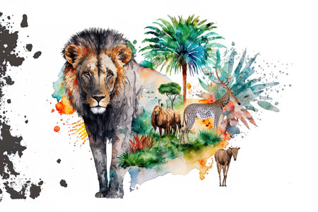 African wildlife and vegetation on a white backdrop. The lovely watercolor painting. vivid multicolored image. a picture made by handの素材