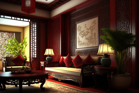 Chinese inspired interior design for the living room of a luxurious home or hotel complete with antique Chinese furniture and a perforated wood doorの素材