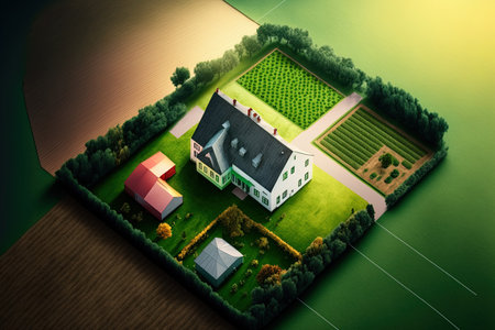 Aerial view of a green field or scenery. Include a farm a house or a home as a symbol of residential construction. Property or real estate for dream concept building construction sale and purchaseの素材