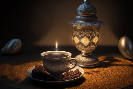 A cup of Arabic coffee a traditional lantern dates rosary beads and a little straw mat with an arabesque shadow effectの素材