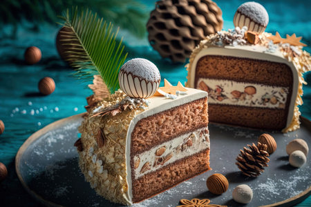 A delectable Christmas cake with gingerbread decorations and a coconut almond ball is seen in a vertical perspectiveの素材