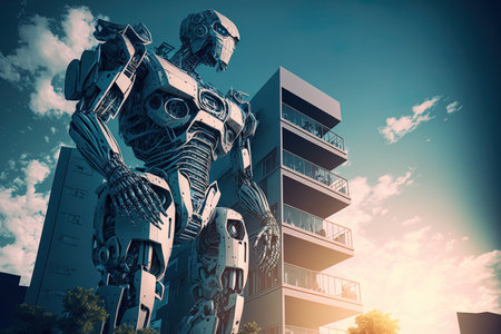 Artificially intelligent robots design homes and other residential buildings. Modern structure modern city. architecture development and construction. intelligent building without workersの素材