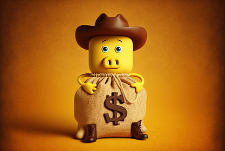 Dollar sign figure mascot with piggy bank and golden dollar coin tied on a yellow backdrop together with a money bag or sack made of rustic canvas and linenの素材