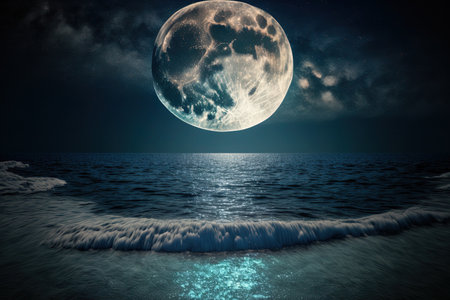 Ocean waters are illuminated by the full moon. On the sea the Milky Way may be seen in reflection. Bright stars can be seen all over the night sky. The moon is traveling in a different directionの素材