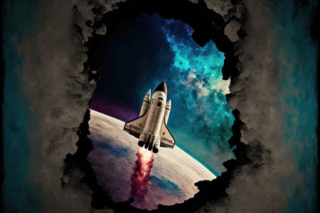 Elements of this image provided by NASA feature a grunge spaceship with a blue and pink inside and a view of Earthの素材