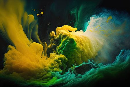 Abstract backdrop with green yellow and liquid art. an acrylic paint undersea ocean color explosion and space smokeの素材