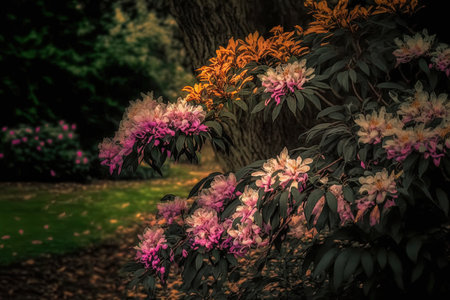Beautiful pink and orange blossoms in the garden of woodland park. antique nature outside in the fallの素材