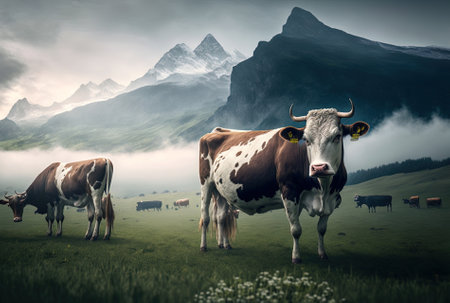 Cows are seen in a panoramic view grazing in a field surrounded by stunning mountains in the foggy skyの素材
