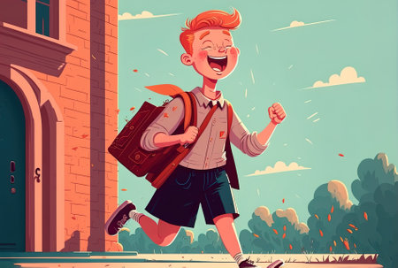A joyful male youngster is anticipating returning to school. a happy student who is excited about the start of class. Concept of education and learning. Character from a cartoon flat drawingの素材
