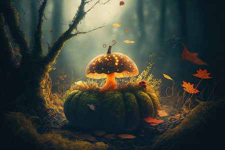 Background of a lovely autumn foggy woodland for Halloween Ceramic Jack o lantern surrounded by moss natural mushrooms and autumnal foliage Up close anime styleの素材